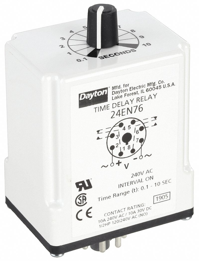 Single Function Time Delay Relay: Socket Mounted, 240V AC, 10 A, 8 Pins/Terminals, Interval