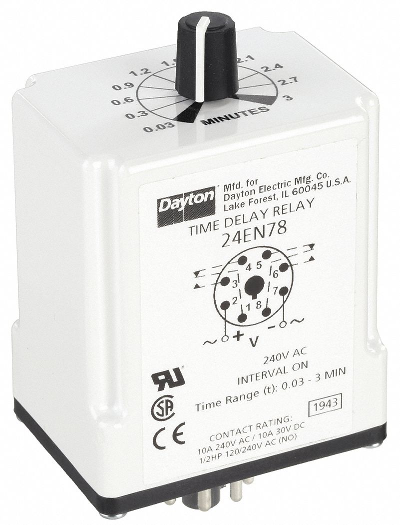 Single Function Time Delay Relay: Socket Mounted, 240V AC, 10 A, 8 Pins/Terminals, Interval