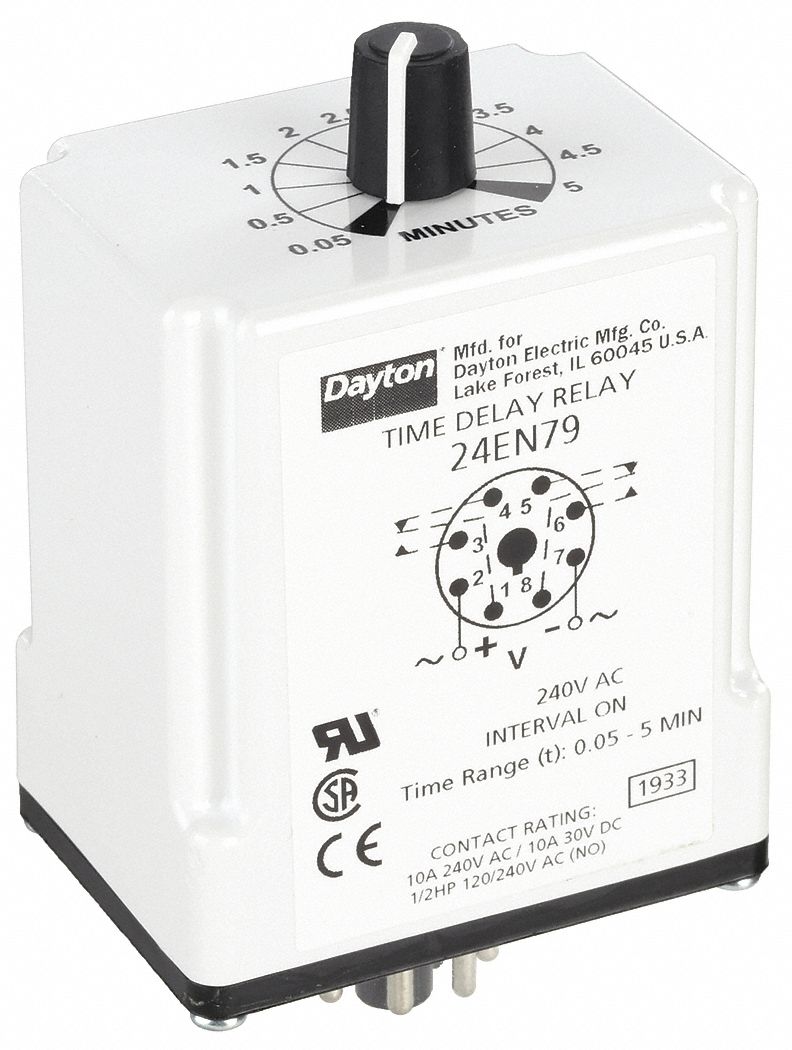 Single Function Time Delay Relay: Socket Mounted, 240V AC, 10 A, 8 Pins/Terminals, Interval