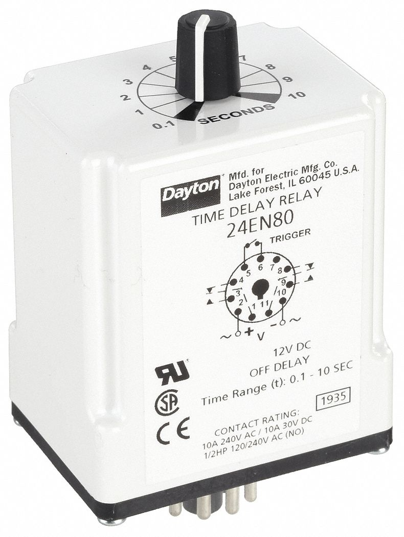 Single Function Time Delay Relay: Socket Mounted, 12V DC, 10 A, 11 Pins/Terminals, Off Delay