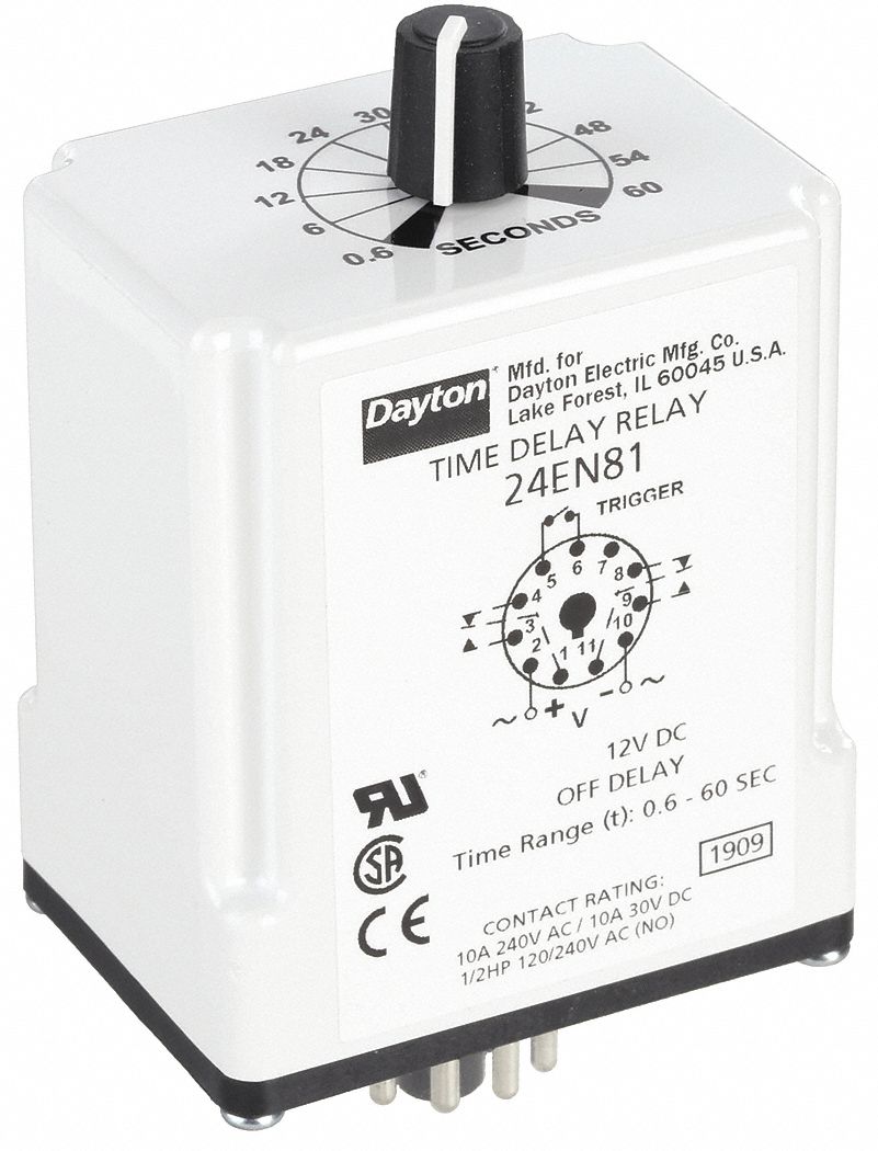 Single Function Time Delay Relay: Socket Mounted, 12V DC, 10 A, 11 Pins/Terminals, Off Delay