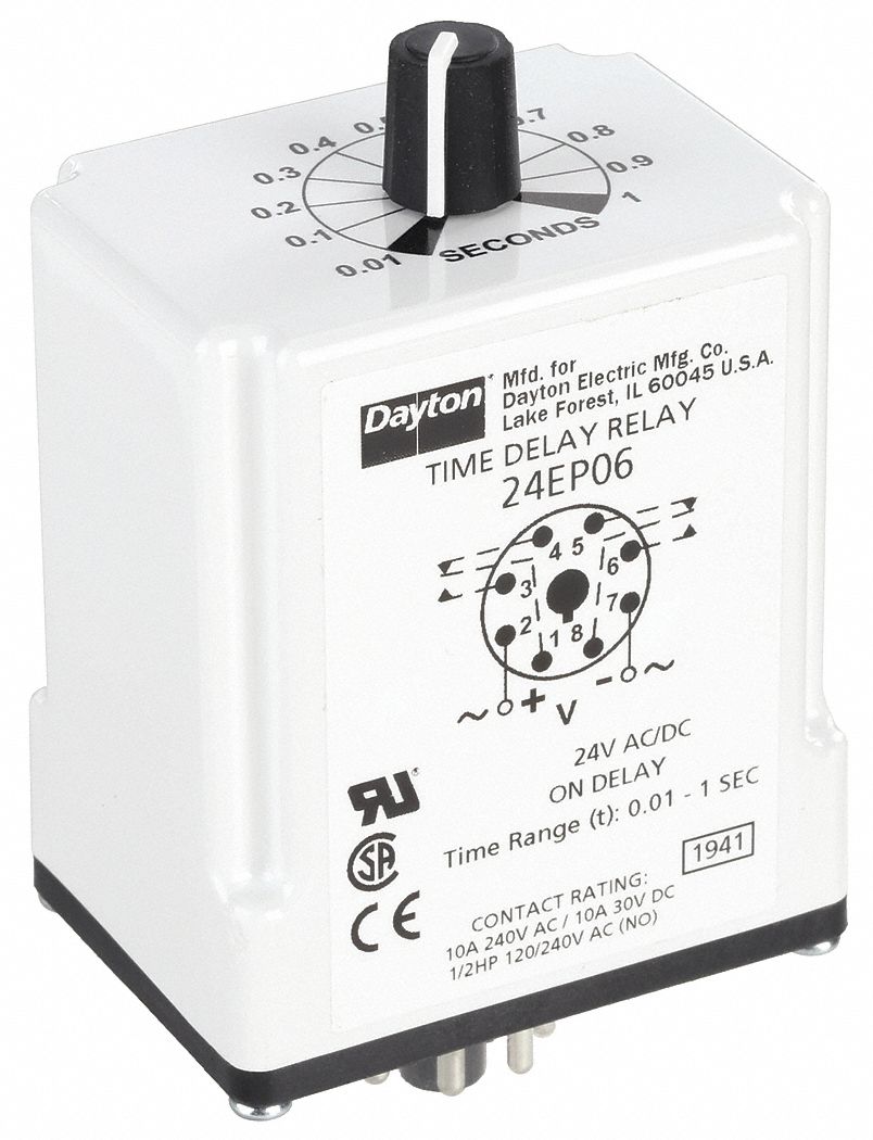 Single Function Time Delay Relay: Socket Mounted, 24V AC/DC, 10 A, 8 Pins/Terminals, On Delay
