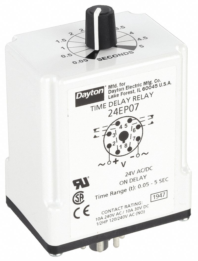 Single Function Time Delay Relay: Socket Mounted, 24V AC/DC, 10 A, 8 Pins/Terminals, On Delay