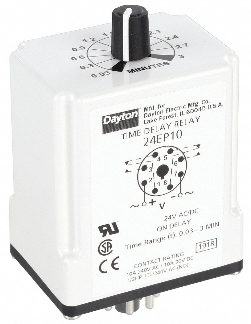 Single Function Time Delay Relay: Socket Mounted, 24V AC/DC, 10 A, 8 Pins/Terminals, On Delay