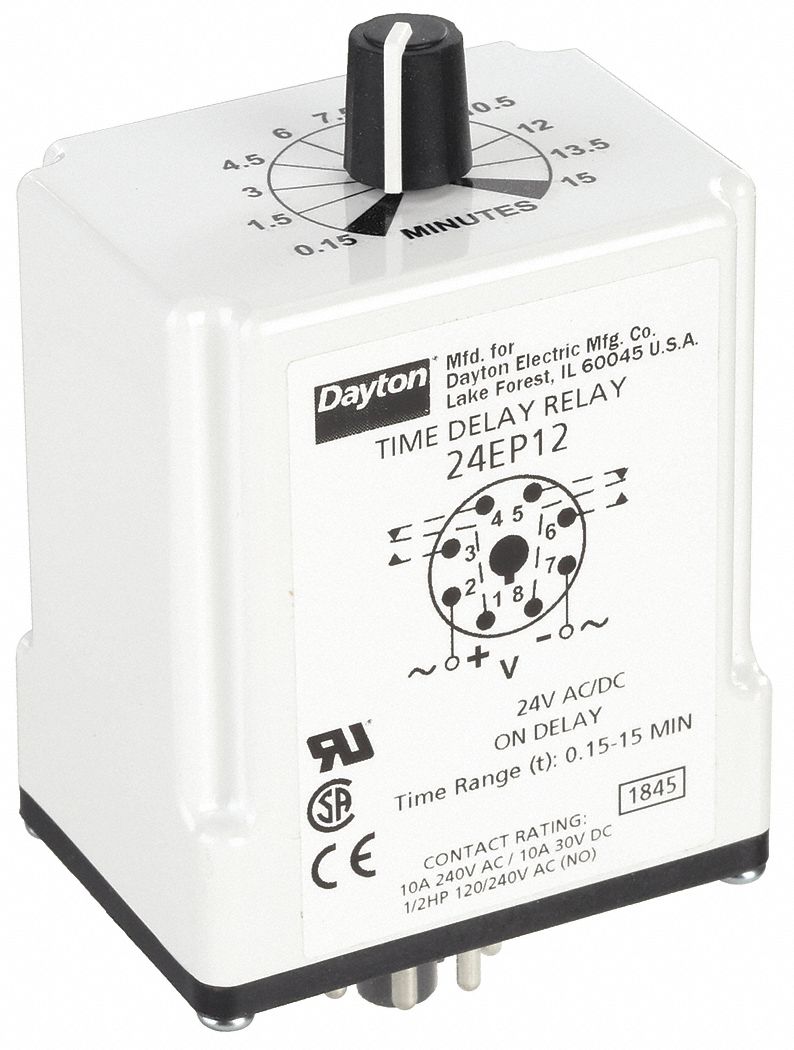 Single Function Time Delay Relay: Socket Mounted, 24V AC/DC, 10 A, 8 Pins/Terminals, On Delay