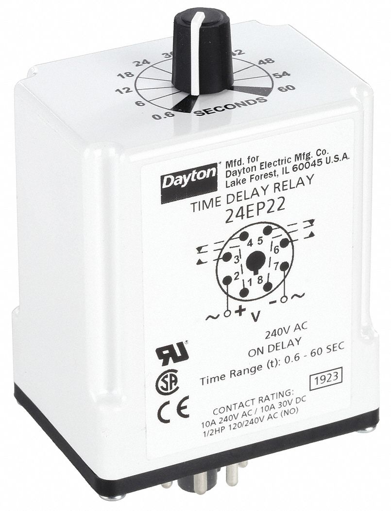 Single Function Time Delay Relay: Socket Mounted, 240V AC, 10 A, 8 Pins/Terminals, On Delay