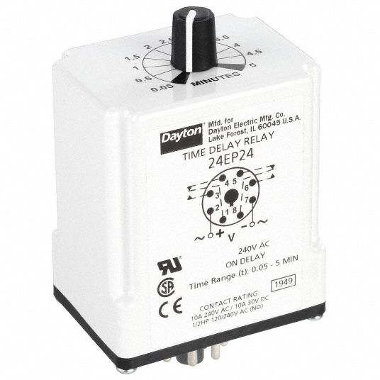 DAYTON Single Function Time Delay Relay: Socket Mounted, 240V AC, 10 A, 8  Pins/Terminals, On Delay