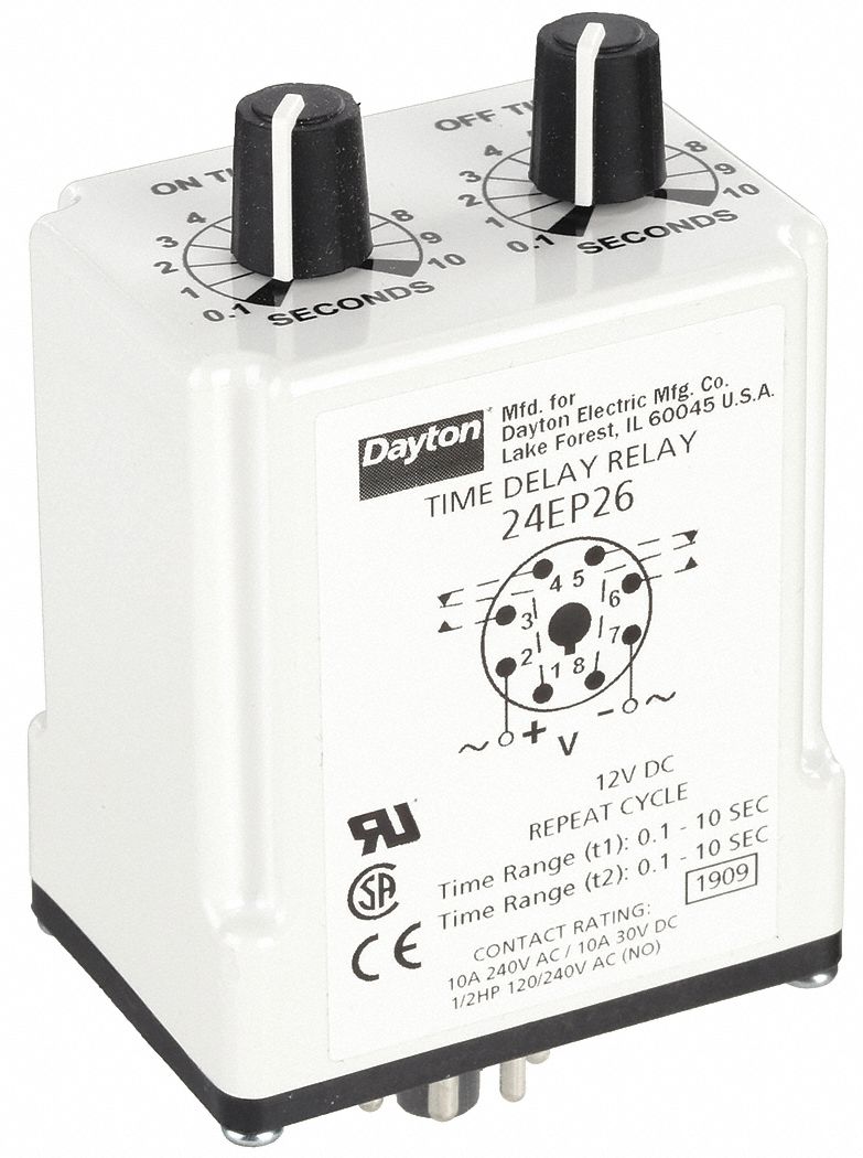 Single Function Time Delay Relay: Socket Mounted, 12V DC, 10 A, 8 Pins/Terminals