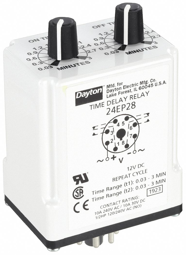 Single Function Time Delay Relay: Socket Mounted, 12V DC, 10 A, 8 Pins/Terminals