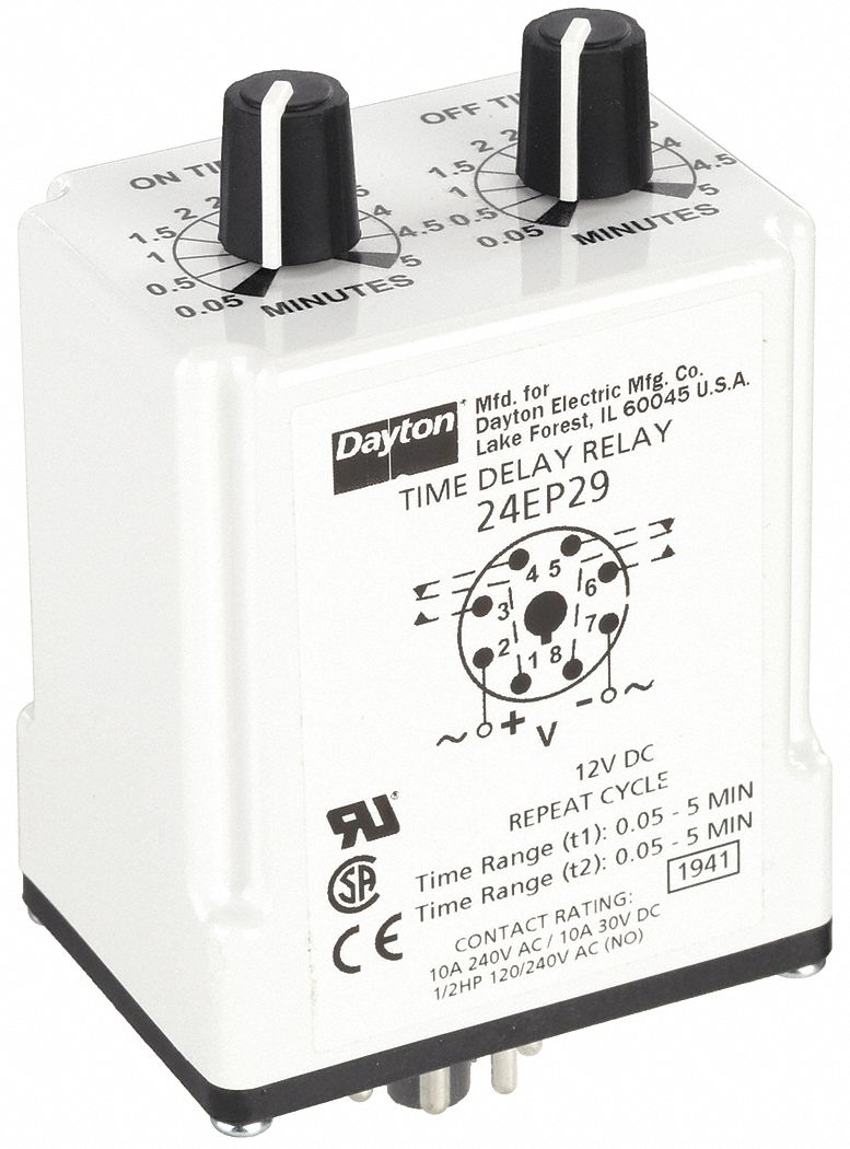 Single Function Time Delay Relay: Socket Mounted, 12V DC, 10 A, 8 Pins/Terminals