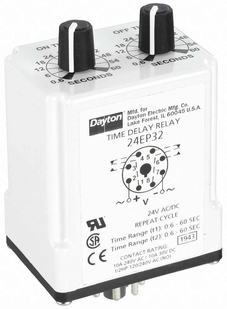 Single Function Time Delay Relay: Socket Mounted, 24V AC/DC, 10 A, 8 Pins/Terminals