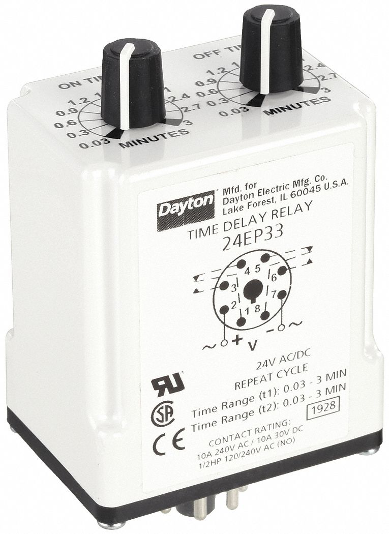 Single Function Time Delay Relay: Socket Mounted, 24V AC/DC, 10 A, 8 Pins/Terminals