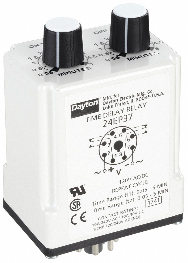 Single Function Time Delay Relay: Socket Mounted, 120V AC/DC, 10 A, 8 Pins/Terminals
