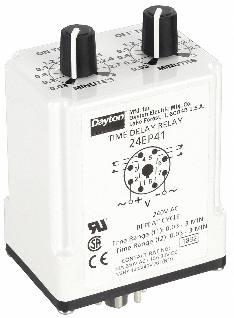 Single Function Time Delay Relay: Socket Mounted, 240V AC, 10 A, 8 Pins/Terminals