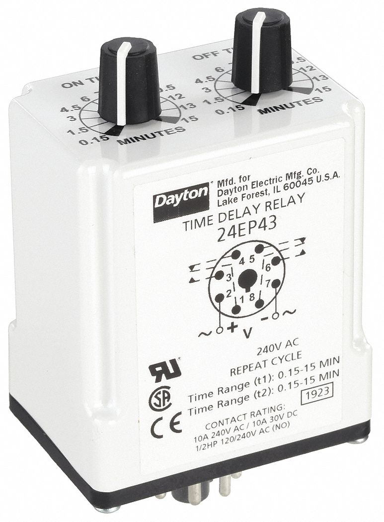 Single Function Time Delay Relay: Socket Mounted, 240V AC, 10 A, 8 Pins/Terminals