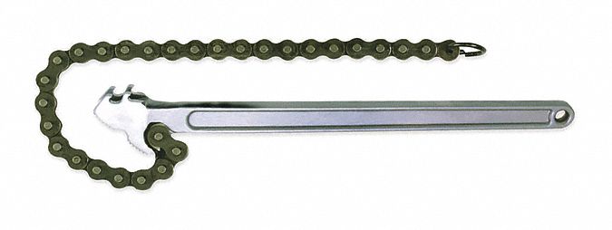 CHAIN WRENCH, ALLOY STEEL, ALLOY STEEL HANDLE, CHROME FINISH, CORROSION-RESISTANT, 14 13/16 IN L X 2 1/32 IN W