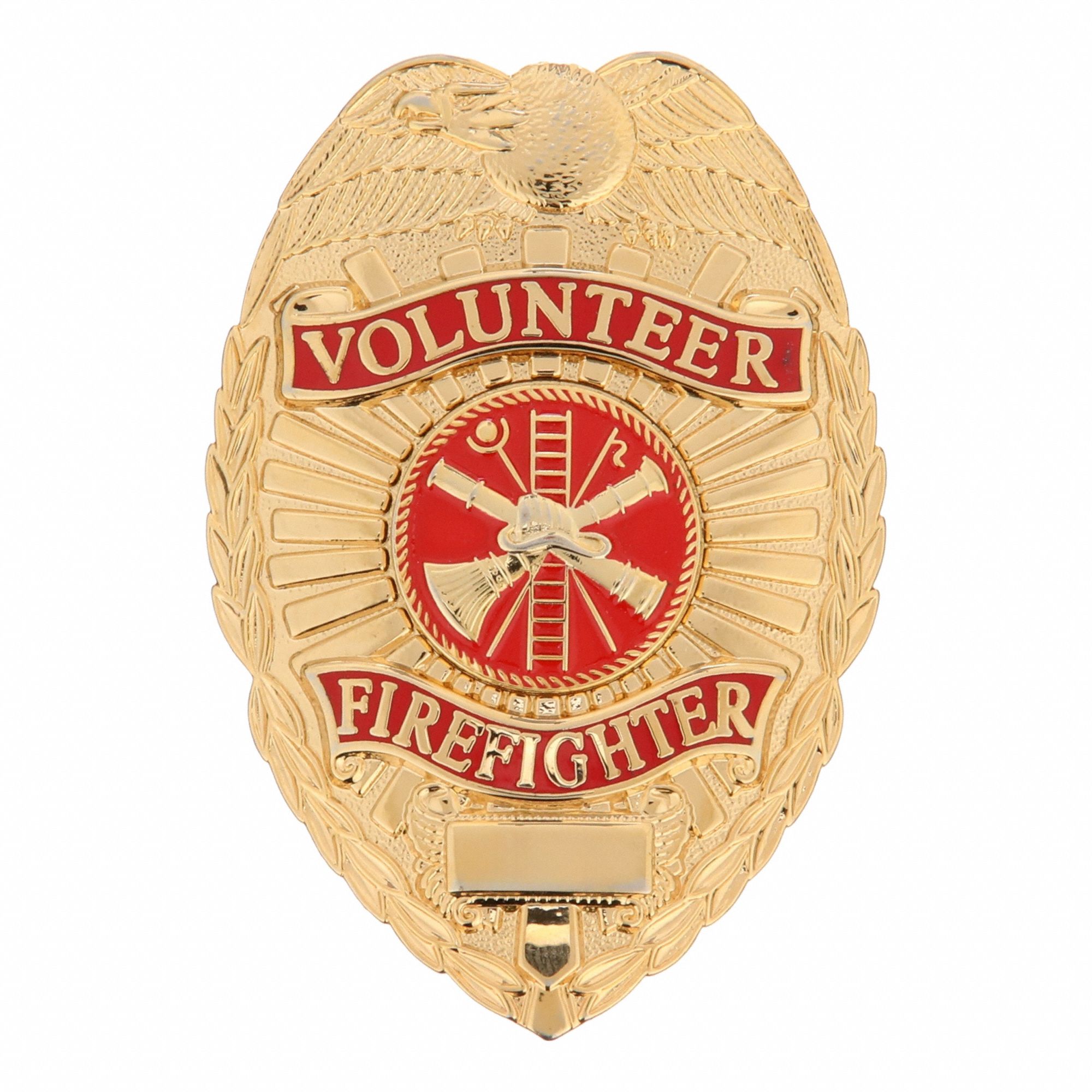 Metal Badge: Volunteer Firefighter - Oval, 2 1/4 in x 3 1/8 in, Gold, Metal, Badge