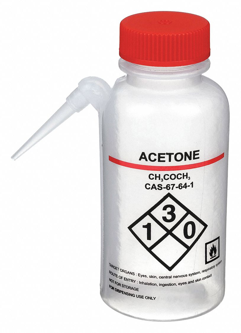 Wash Bottle: 8 fl oz Capacity - oz, 250 mL Capacity - mL, Specific Chemicals, Acetone, Vented, White