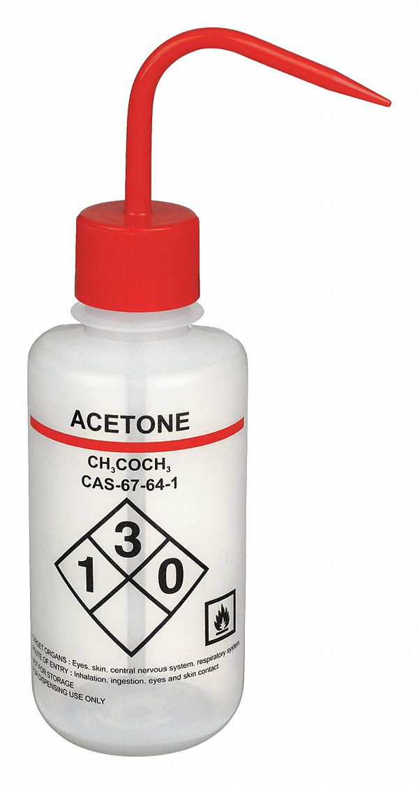 Wash Bottle: 16 fl oz Capacity - oz, 500 mL Capacity - mL, Specific Chemicals, Acetone, Vented, Red