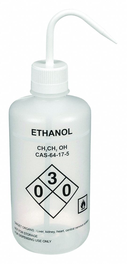 Wash Bottle: 32 fl oz Capacity - oz, 1 L Capacity - mL, Specific Chemicals, Ethanol, Vented, Plastic
