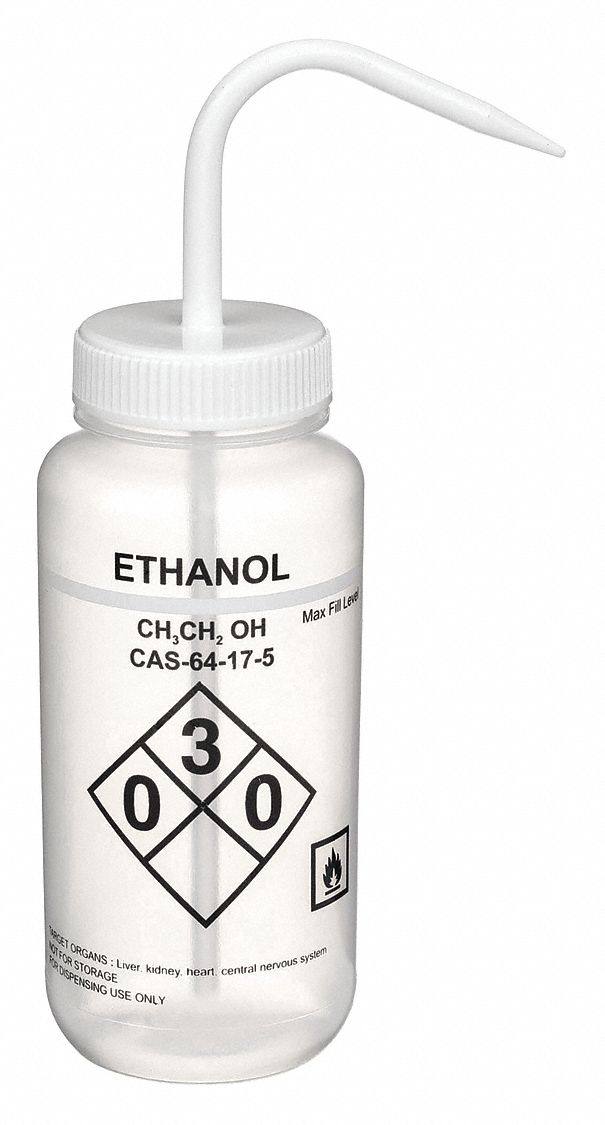 Wash Bottle: 16 fl oz Capacity - oz, 500 mL Capacity - mL, Specific Chemicals, Ethanol, Vented