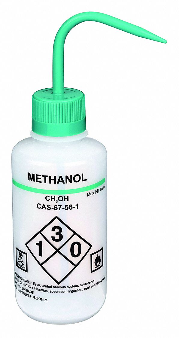 Wash Bottle: 32 fl oz Capacity - oz, 1 L Capacity - mL, Specific Chemicals, Methanol, Vented, White