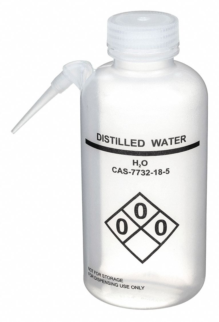Wash Bottle: 16 fl oz Capacity - oz, 500 mL Capacity - mL, Waters, Distilled Water, Wide Mouth Size