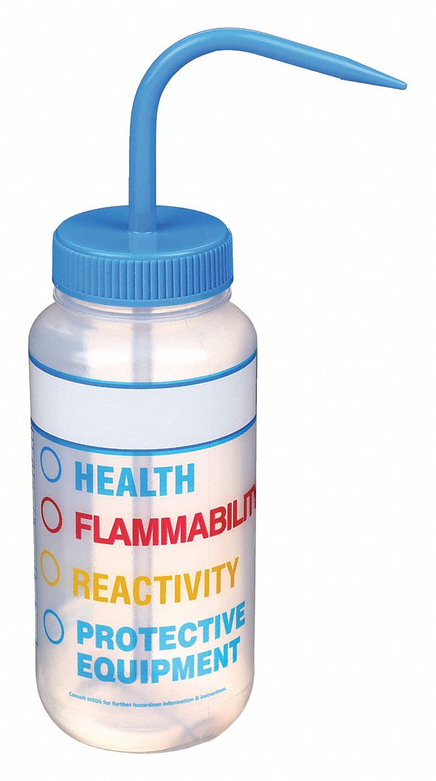 Wash Bottle: 16 fl oz Capacity - oz, 500 mL Capacity - mL, Specific Chemicals, HMIG, Wide Mouth Size