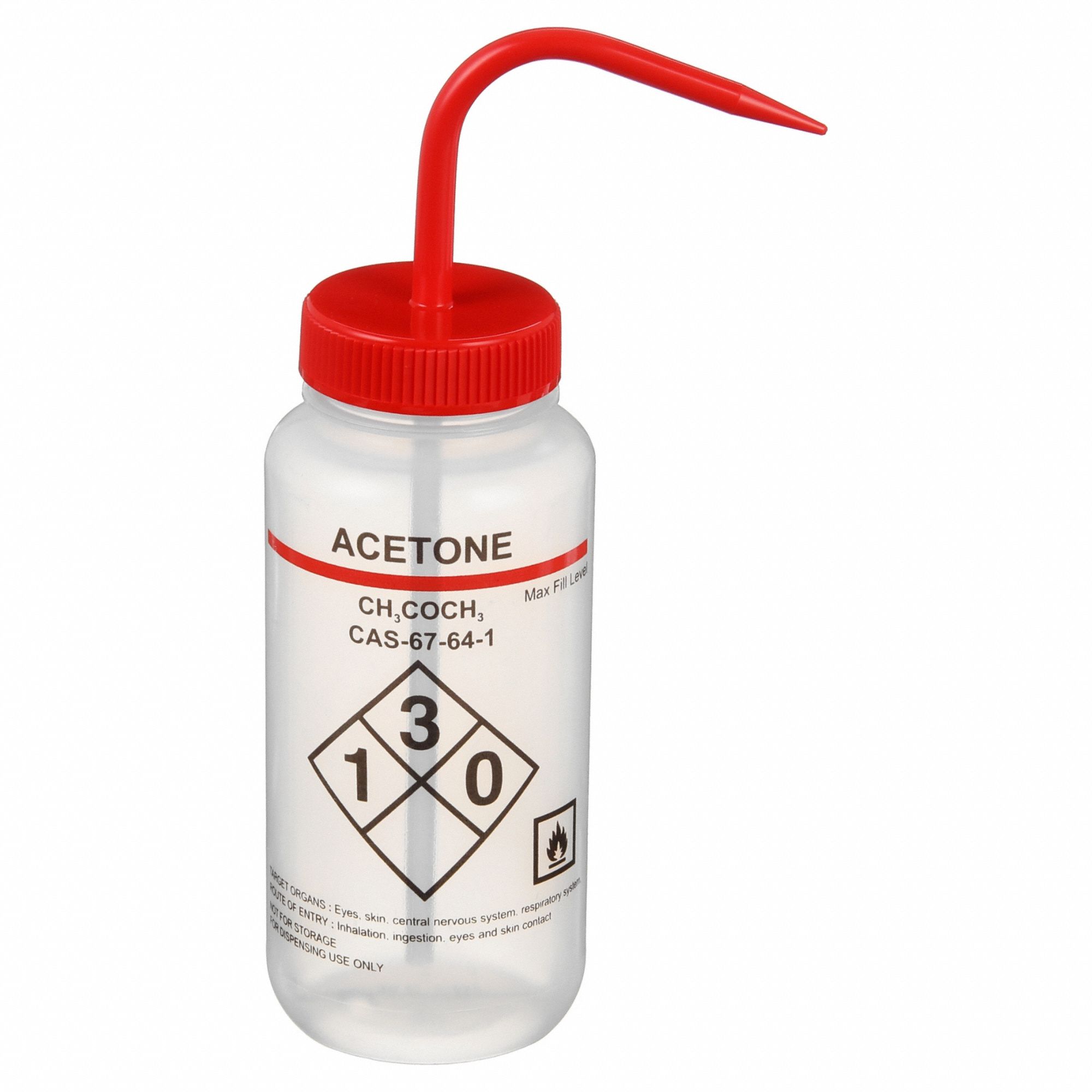 Wash Bottle: 16 fl oz Capacity - oz, 500 mL Capacity - mL, Specific Chemicals, Acetone, Vented, Red