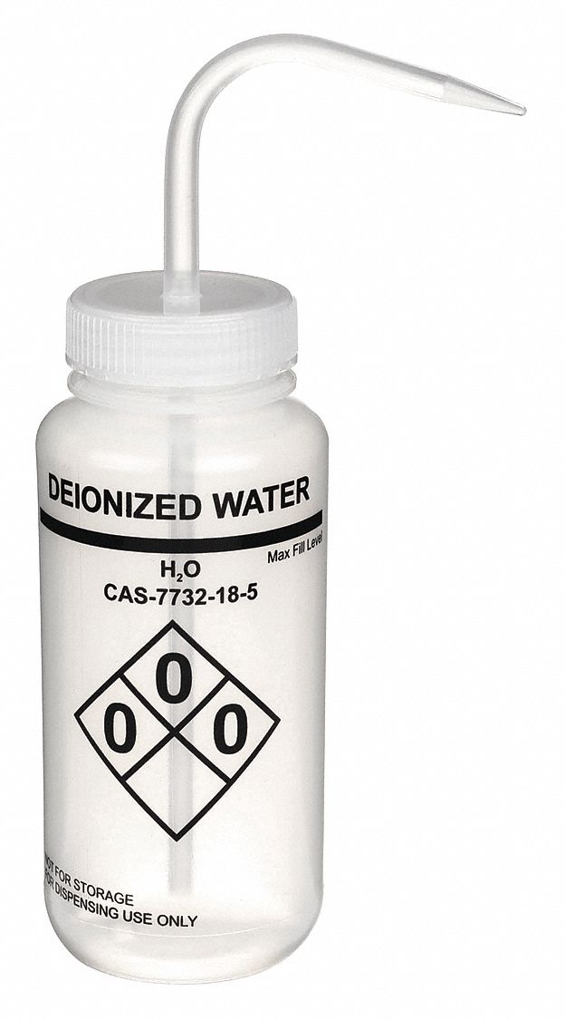 Wash Bottle: 16 fl oz Capacity - oz, 500 mL Capacity - mL, Waters, Deionized Water, Wide Mouth Size