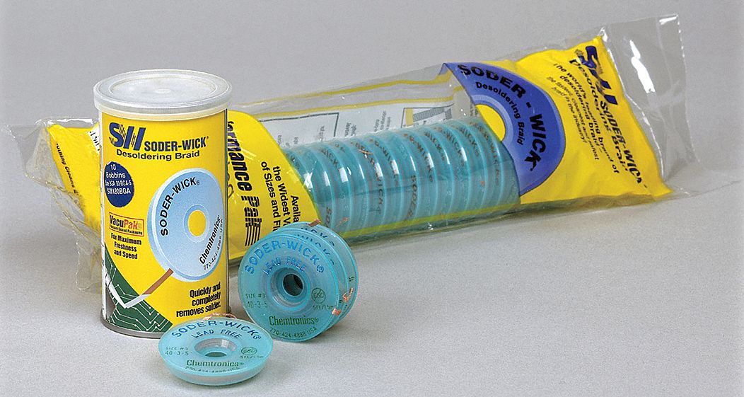 CHEMTRONICS Desoldering Wick Rosin Flux, 4, 0.11 in, 10 ft, Blue