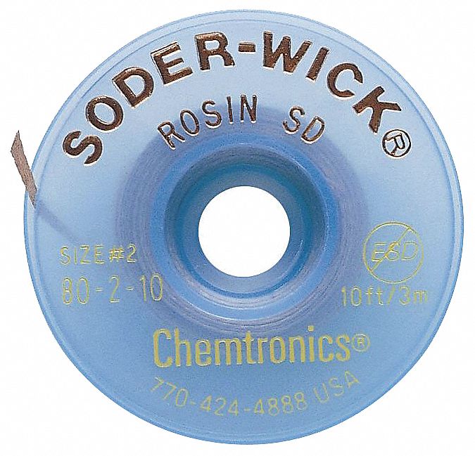 CHEMTRONICS Desoldering Wick Rosin Flux, 2, 0.06 in, 10 ft, Yellow