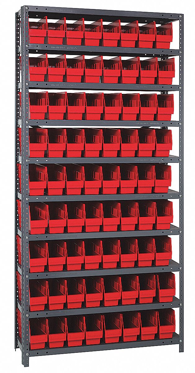 Bin Shelving: 36 in x 12 in x 75 in, 1 Sided, 72 Bins, Open, Shelf Bin, Red