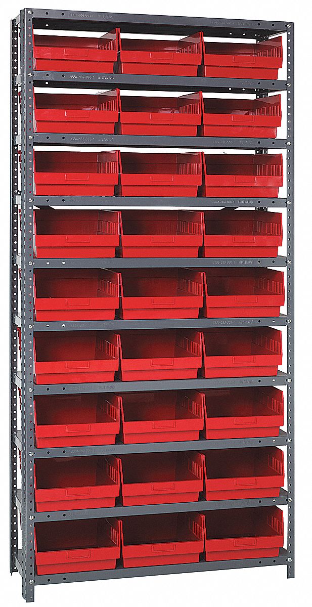 Bin Shelving: 36 in x 18 in x 75 in, 1 Sided, 27 Bins, Open, Shelf Bin, Red