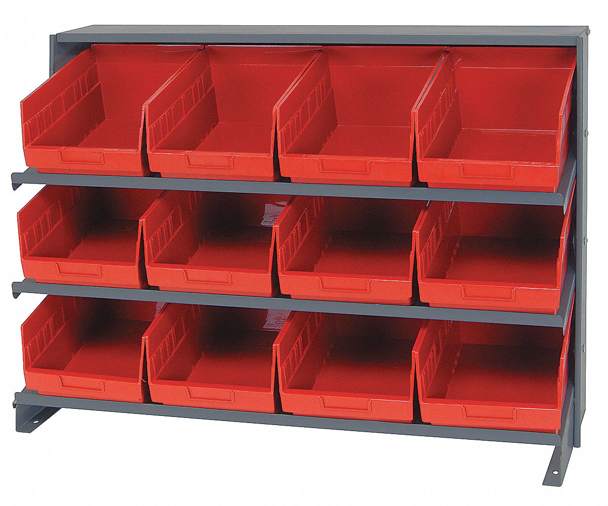 Bench Pick Rack: 36 in x 12 in x 27 in, 1 Sided, 12 Bins, Open, Shelf Bin