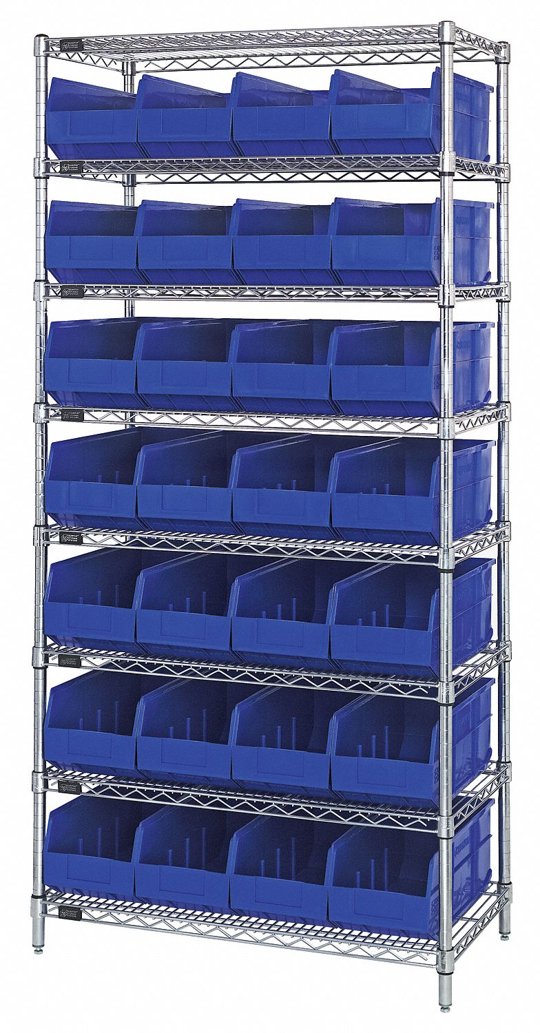 Bin Shelving: 36 in x 14 in x 74 in, 28 Bins, 8 Shelves, Open, Shelf Bin