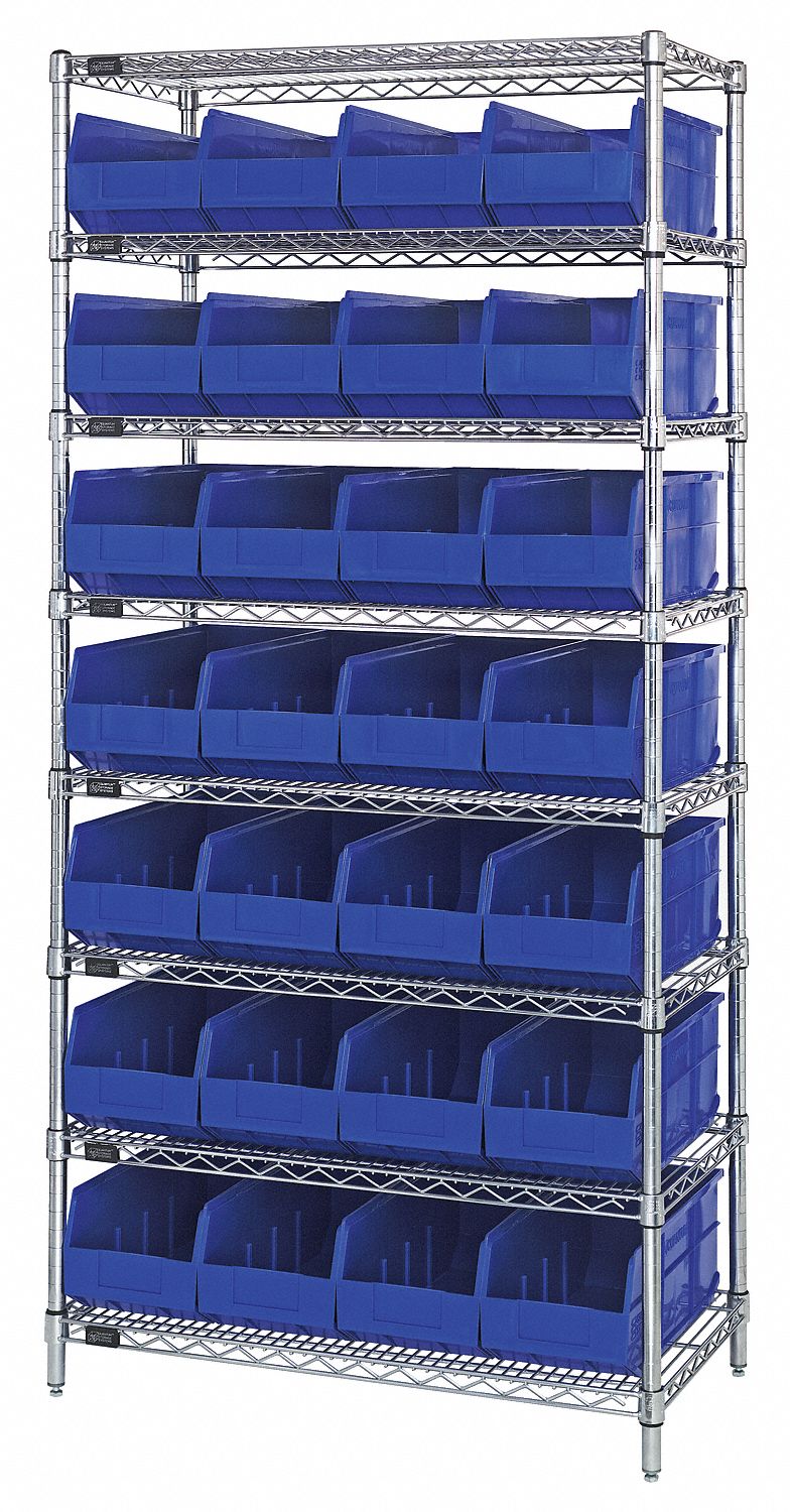 Bin Shelving: 36 in x 18 in x 74 in, 28 Bins, 8 Shelves, Open, Shelf Bin