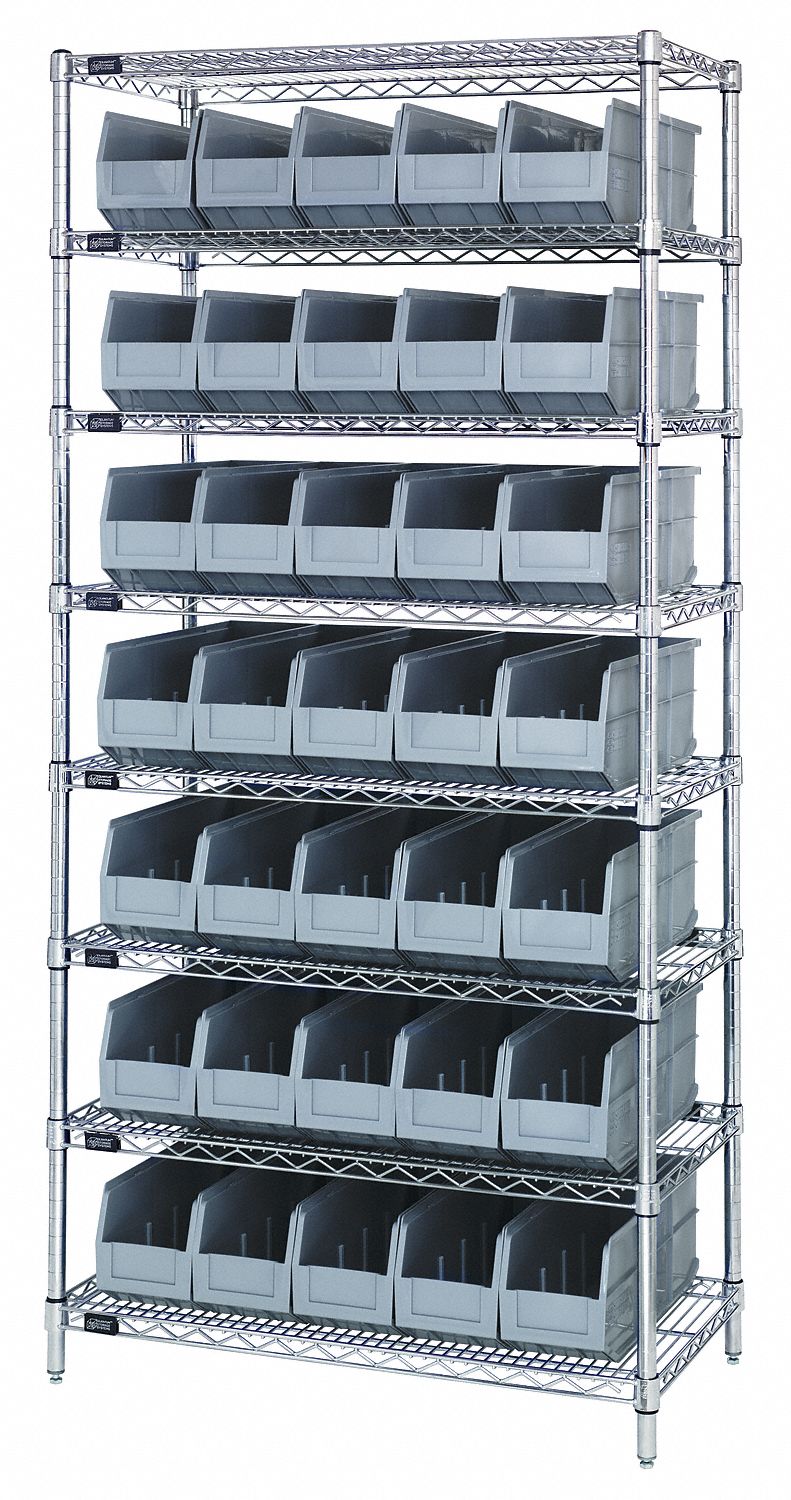 Bin Shelving: 36 in x 18 in x 74 in, 35 Bins, 8 Shelves, Open, Shelf Bin