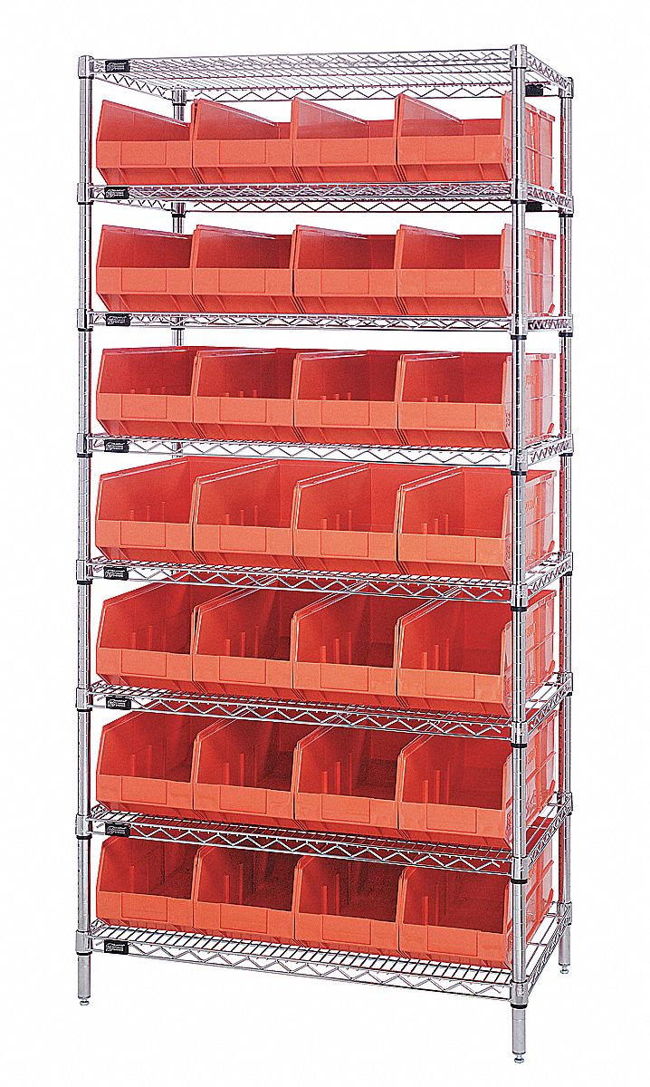 Bin Shelving: 36 in x 21 in x 74 in, 28 Bins, 8 Shelves, Open, Shelf Bin