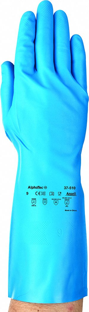 CHEMICAL RESISTANT GLOVES, 11 MIL, 12 ¾ IN LENGTH, RAISED DIAMOND, BLUE, NITRILE