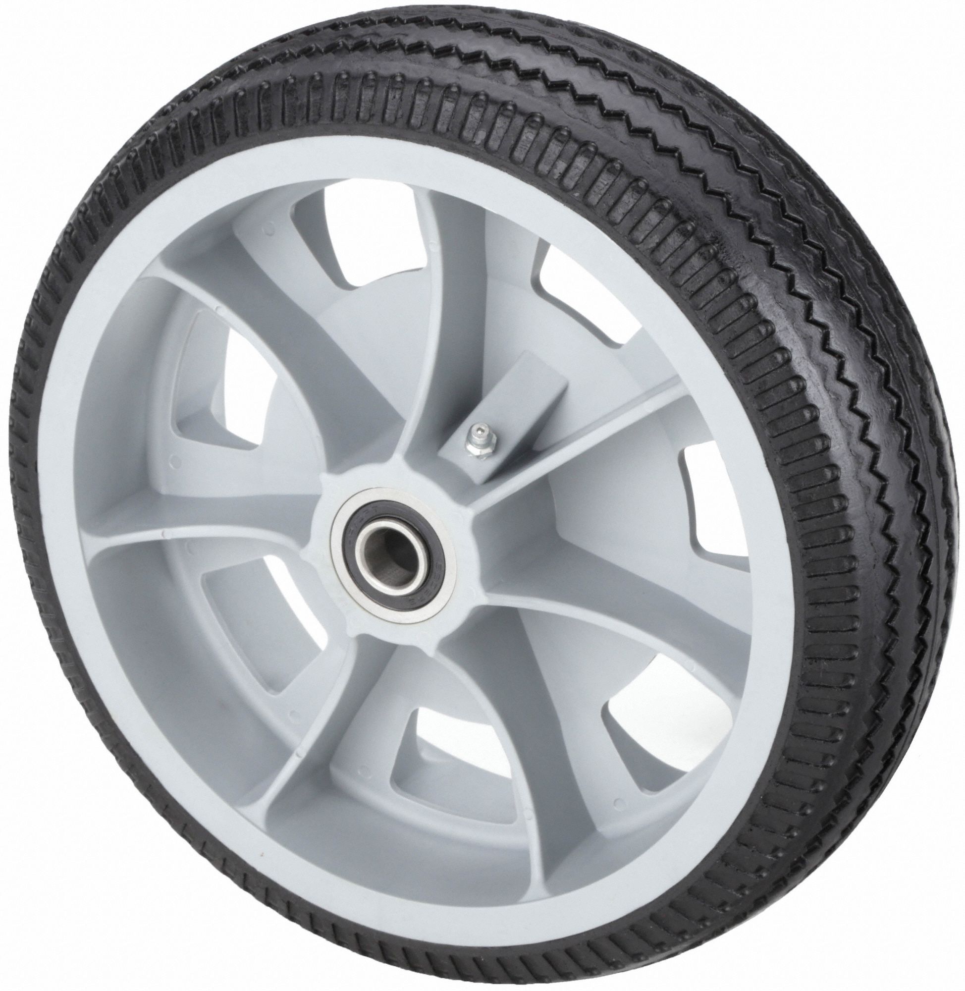 Flat-Free Wheel: 10 in Wheel Dia., 2 1/2 in Wheel Wd, Rubber, 2 1/4 in Hub Lg