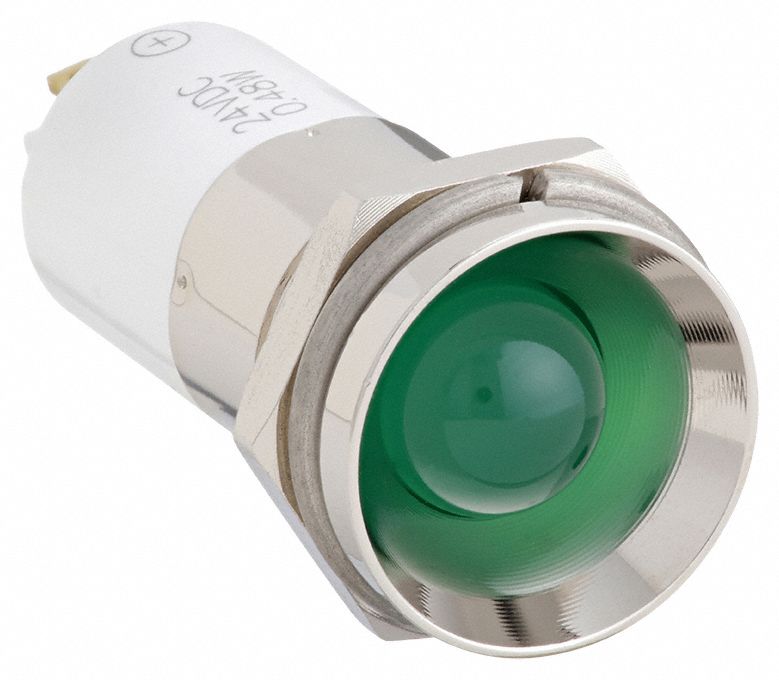 Protruding Panel Light: 16 mm Panel Mounting Hole Dia, LED, Green, Protruding Head