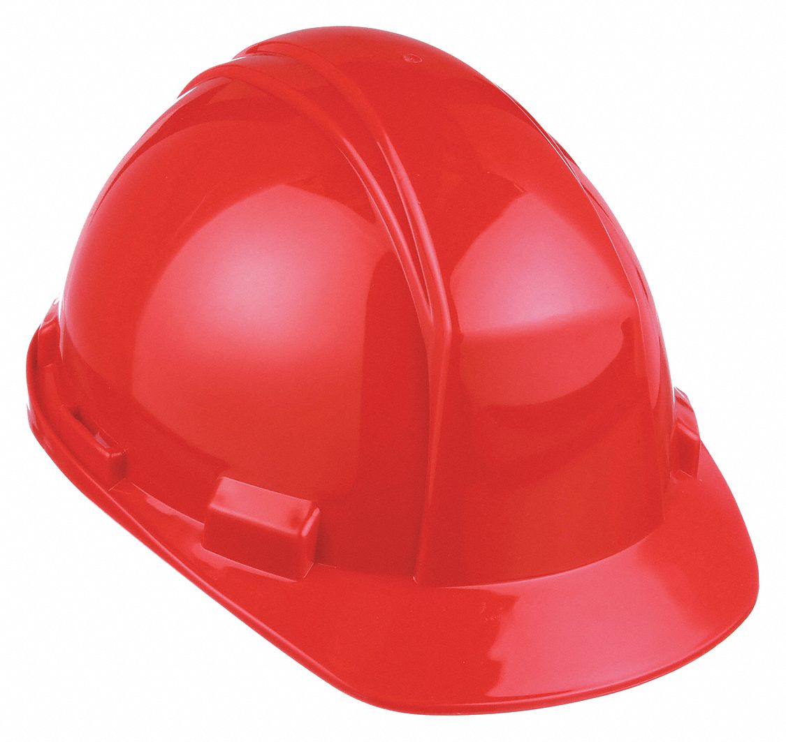 Hard Hat: Red, No Graphics, Ratchet (4-Point), Ratchet, Polyethylene, Side-Slots, NORTH, Solid