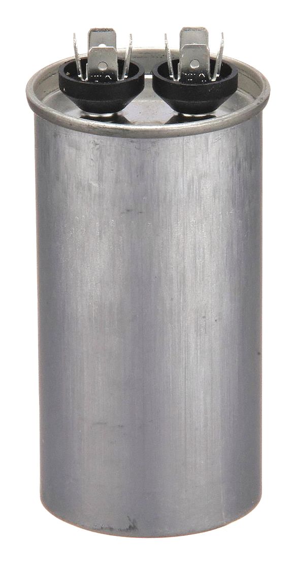 Motor Run Capacitor: Round, 370V AC, 50 MFD, 2 1/8 in Overall Dia, 3/4 in Overall Ht, Aluminum