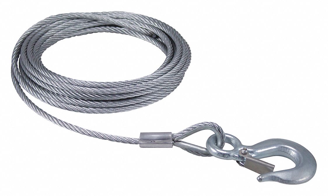 Winch Cable w/Hook: Cable, 25 ft Line Lg, 1/4 in Line Dia, Steel