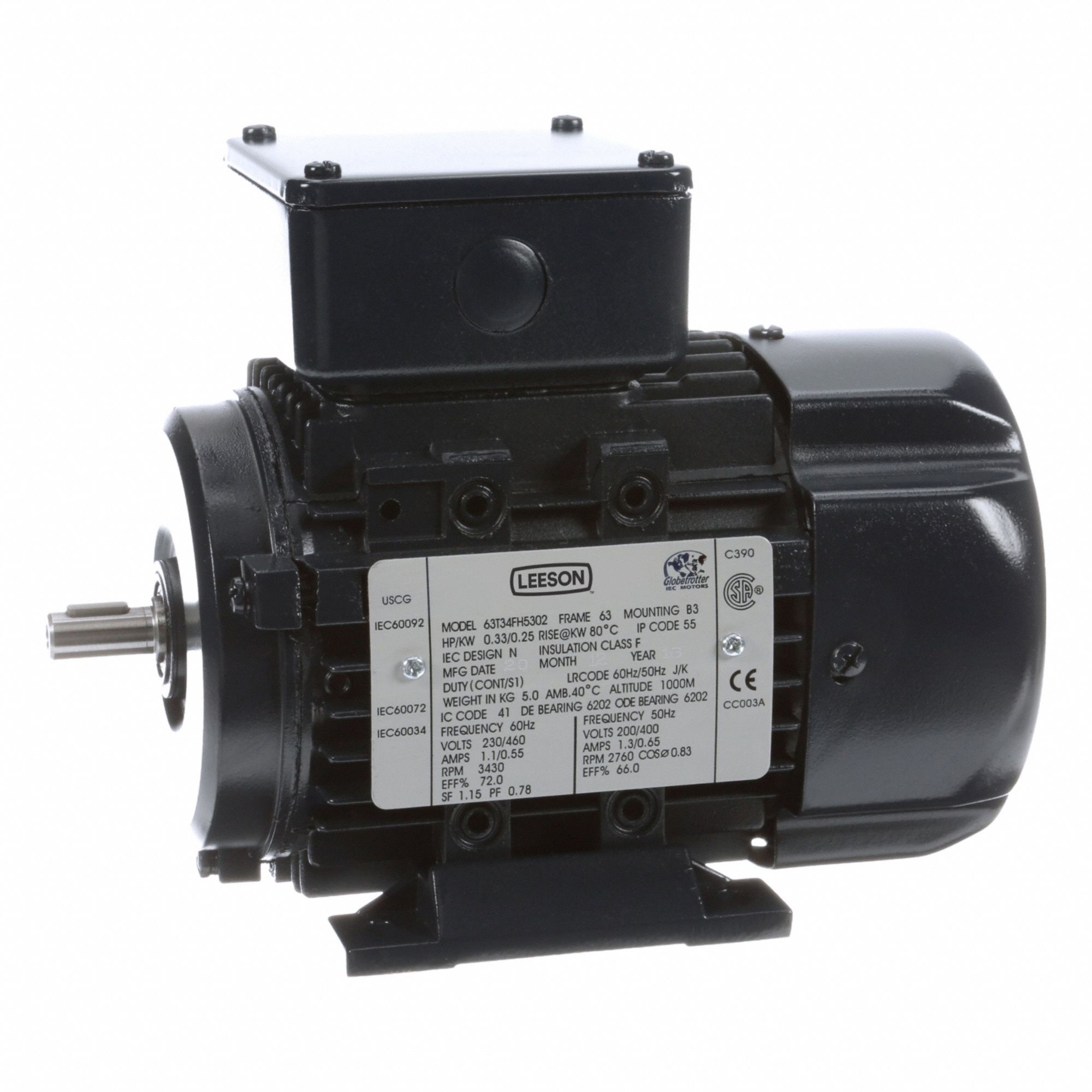 Metric Motor: 1/3 hp, Rigid Base Mount, 63 Frame Size, Totally Enclosed Fan Cooled, 3430 RPM