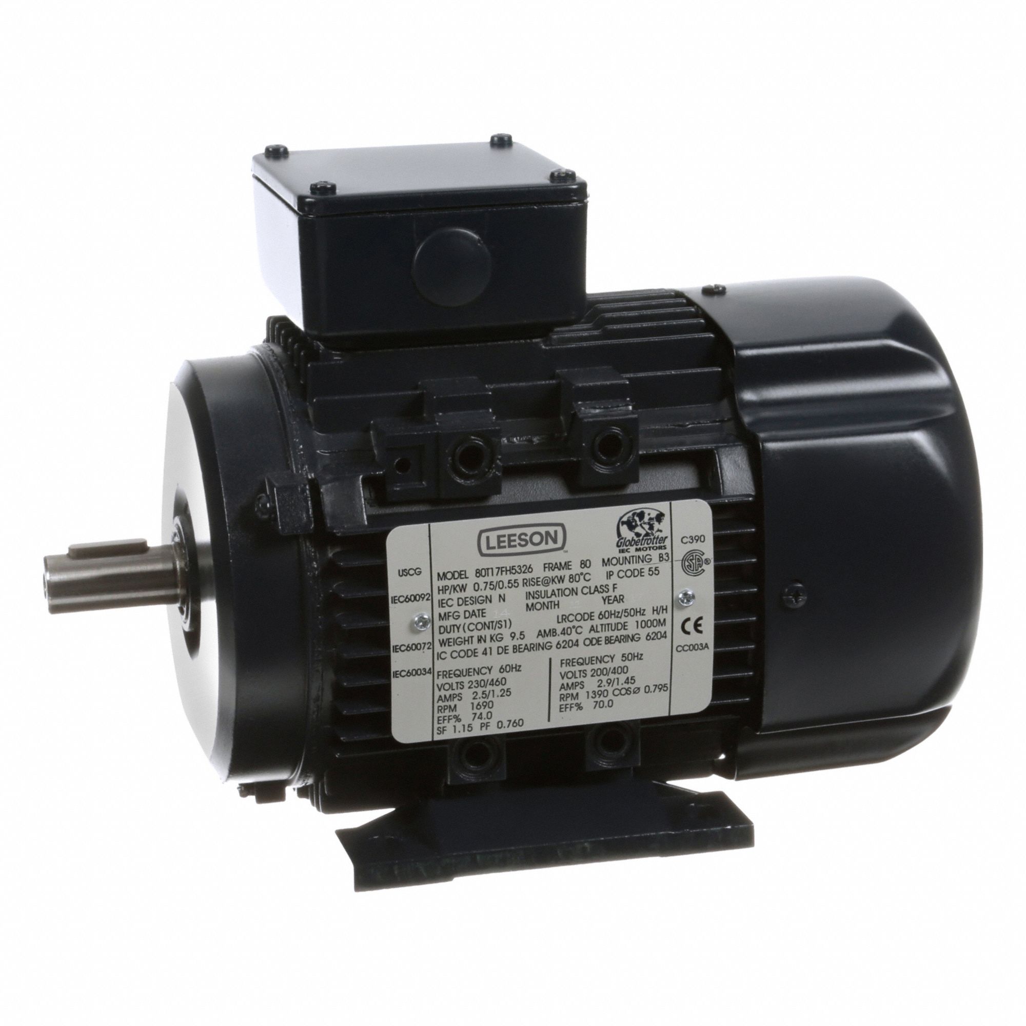 Metric Motor: 3/4 hp, Rigid Base Mount, 80 Frame Size, Totally Enclosed Fan Cooled, 1690 RPM