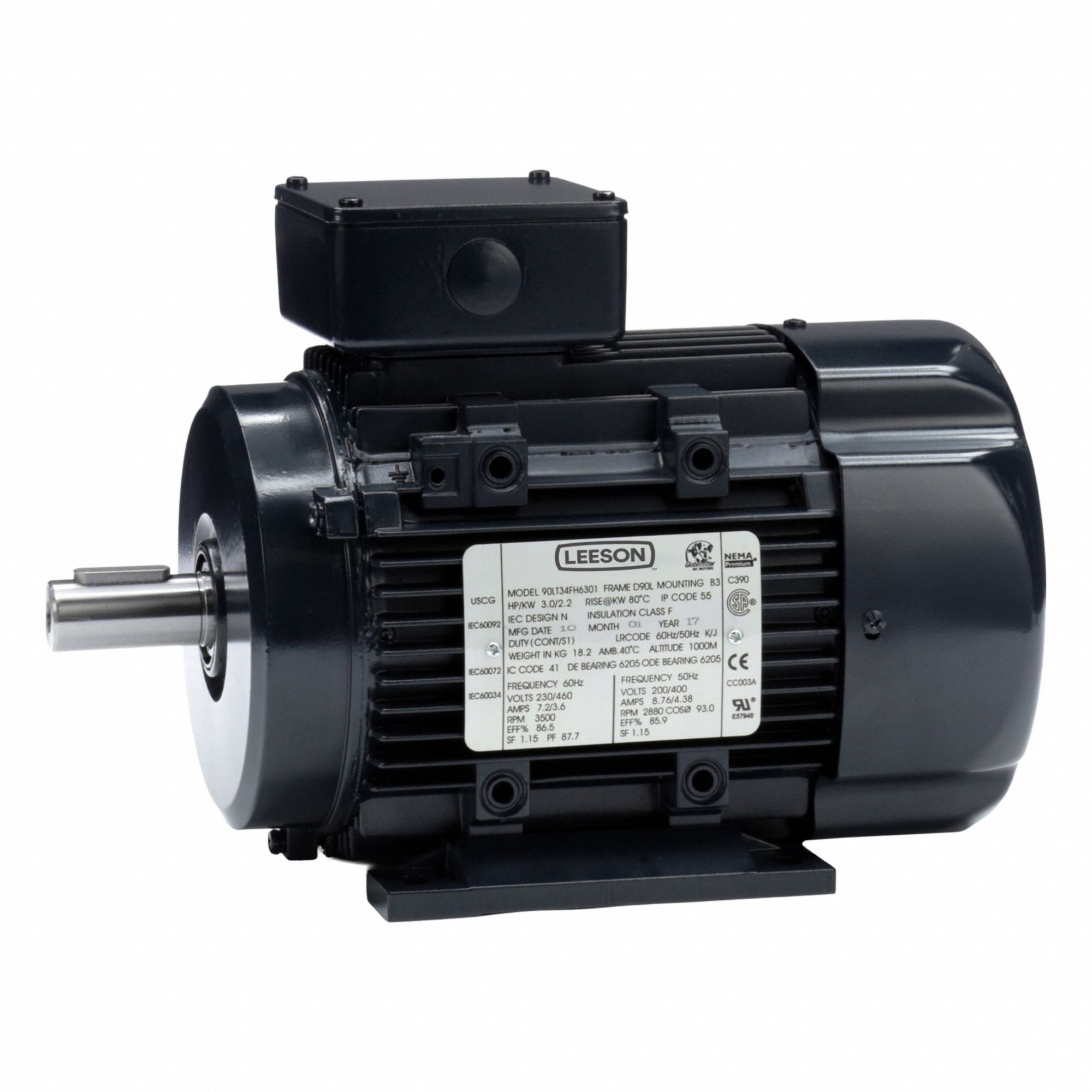 Metric Motor: 3 hp, Rigid Base Mount, 90L Frame Size, Totally Enclosed Fan Cooled, 3500 RPM