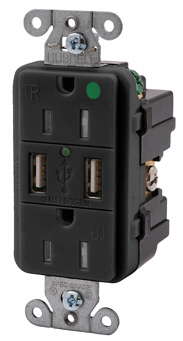 24PK92 - USB Charge Recp 15A 125V 3.8A@5VDC Black
