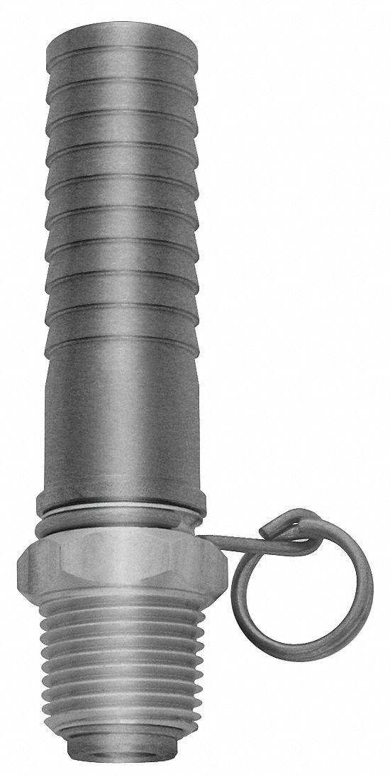 Swivel Hose Adapter: Stainless Steel, Stainless, 3 3/4 in Overall Lg, Barb